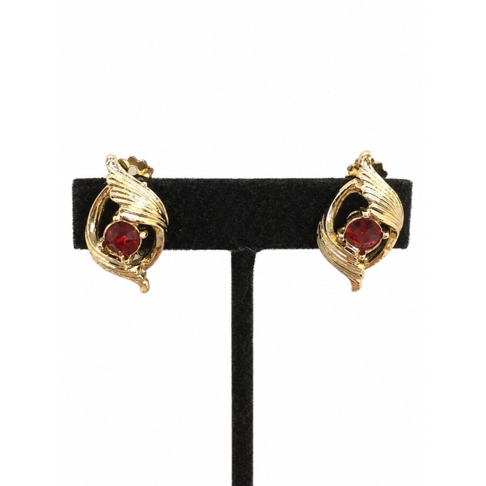 Vintage Rhinestone Earrings Gold Tone Red Clip On Swirl Mid Century Mcm